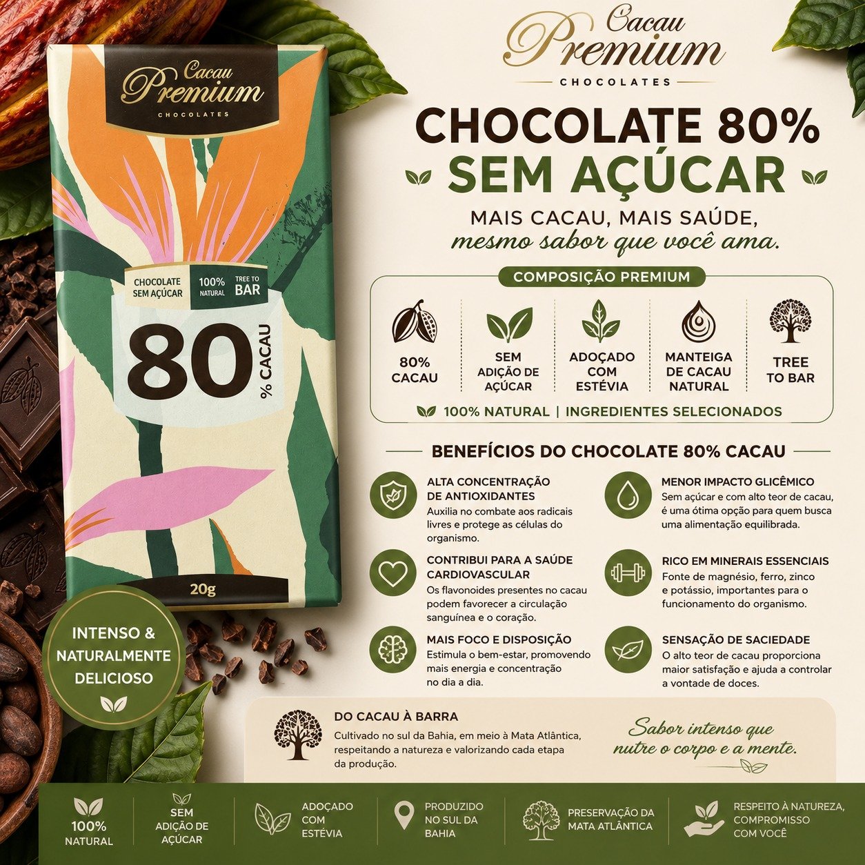 Barra Chocolate 80% Sem Açúcar